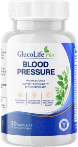 GlucoLife+ Blood Pressure supplement bottle – UK edition