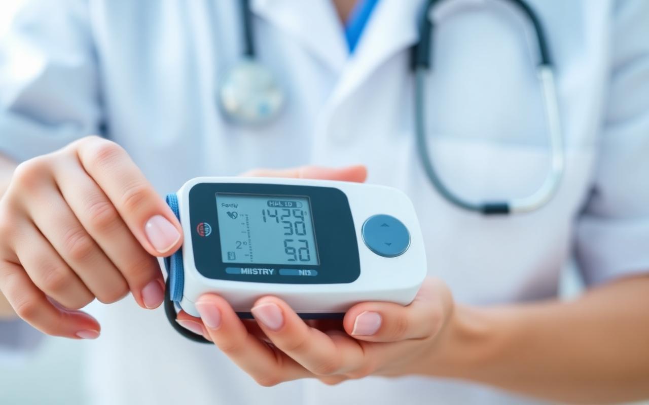 Digital blood pressure monitor showing a healthy reading